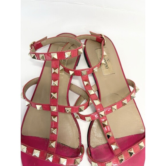 Valentino Garavani Rockstud Patent Leather Sandals Hot Pink Gold Stud Sz EU 37 7 - Picture 7 of 12